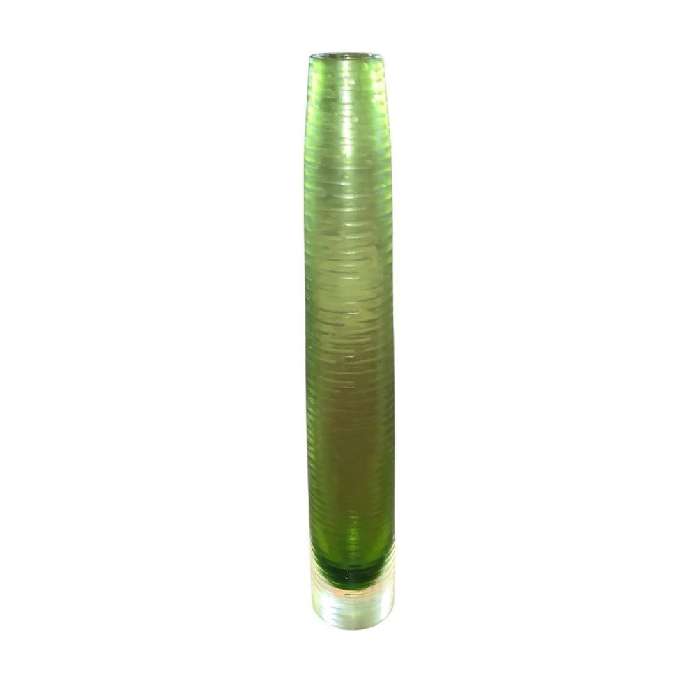 Tall Green Retro Art Glass Vase Ribbed Texture 14"